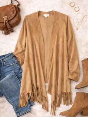 Adore Tan Faux Suede Fringe Cardigan Jacket Boho Western Size S